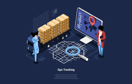 Conceptual 3D Art In Isometric Cartoon Style On Dark Background. Vector Composition Of Logistics GPS Tracking. Huge Computer Monitor With World Map And Navigator, Parcels, Magnifier And People Aroundのイラスト素材