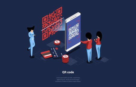 Isometric Vector Illustration Of QR Code In Cartoon 3D Style With Writings. Group Of Tiny People Using Huge Smartphone Scanner To Verificate. Credit Cards And Dollar Coins Lying Around Charactersのイラスト素材