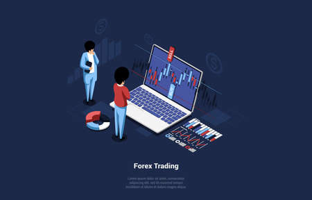 Isometric Composition Of Forex Trading Concept On Dark Background With Infographics. Male Characters In Business Suits Analysing Charts On Big Laptop Screen. Vector Illustration In Cartoon 3D Styleのイラスト素材