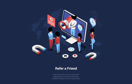 Isometric Vector Composition In Cartoon 3D Style Of Referral Marketing Concept. Illustration Of Network Friend Refer Program Strategy. Modern Online Business Partership. People Working Near Computerのイラスト素材