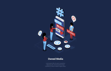 Isometric Businessmen Working On Owned Media Through Big Smartphone With Interface On Screen. Vector Illustration In Cartoon 3D Style Of Advertising, Online Publicity And Internet Branding Conceptのイラスト素材