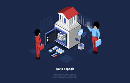 Vector Conceptual Composition Of Deposit In Cartoon 3D Style On Dark Background. Isometric Illustration, Business Characters Making Money Transaction. Big Strongbox With Banknotes, Bank Building Uponのイラスト素材