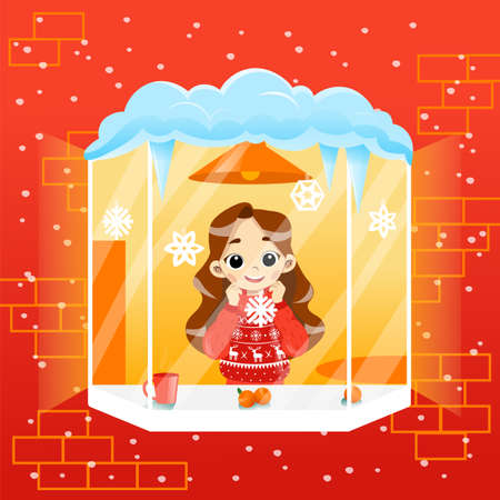 Cosy Wintertime Scene Illustration In Cartoon Flat Style With Gradients. Vector Composition Of Schoolgirl Character Standing At Windowsill Looking Outside. Happy Smiling Child Wearing Sweater At Homeのイラスト素材