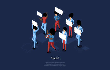 Concept Isometric Illustration In Cartoon 3D Style With Writings On Dark Background. Vector Composition Of Group Of People Going On Protest. Male And Female Characters With Tablets And Loudspeakerのイラスト素材