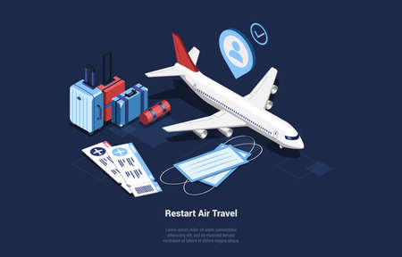 Restart Air Travel Concept Vector Illustration In Cartoon 3D Style. Isometric Composition With Objects n Dark Background. Quarantine Movement Prohibition Ideas. Plane, Tickets, Face Masks, Suitcasesのイラスト素材
