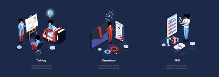 Vector Illustration On Skills Gaining Process Concept. Three Separate Isometric Compositions In Cartoon 3D Style On Dark Background. People On Business Training, Experience Projects And Skill Confirmのイラスト素材