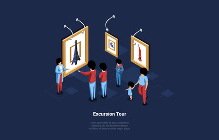 Excursion Tour Vector Illustration In Cartoon Style. Isometric 3D Composition With Writings. Group Of Men And Women Characters With Female Guide On Trip Inside Museum Watching Sightseeing Picturesのイラスト素材