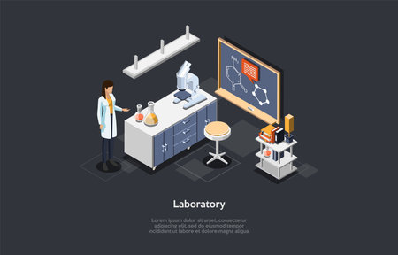 Isometric Illustration Of Laboratory Indoors Design Elements With Female Scientist Character In White Robe. Vector Composition In Cartoon 3D Style With Blackboard, Table, Microscope, Books And Tubesのイラスト素材