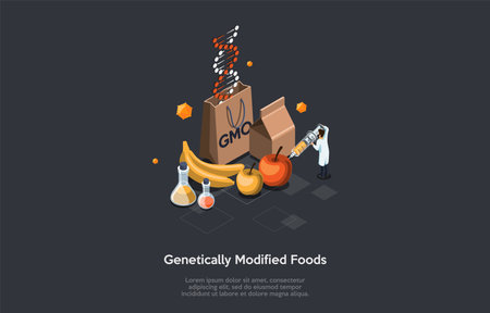 Genetically Modified Food Vector Illustration On Dark Background. Isometrical Vector Composition In Cartoon 3D Style With Product Related Items And Male Scientist Character In White Robe With Syringeのイラスト素材