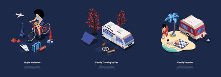 Isometric Vector Composition Of Three Different Illustrations In Cartoon 3D Style. Bicycle Worldwide Traveling, Family Van Automobile Trip And Vacation Concepts. Dark Background, Small Charactersのイラスト素材