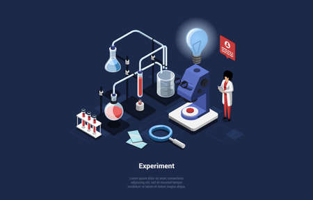 Experiment Concept Vector Illustration On Dark Background With Text. Isometric Composition In...