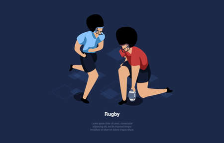 Rugby Players, Dark Background With Writings. Isometric Illustration In Cartoon 3D Style Of Active Sports Concept. Composition With Two Male Characters In Blue And Red Uniform And Helmets Playing Gameのイラスト素材