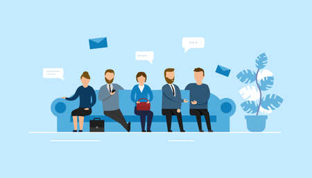 Vector Illustration With Group Of Candidates In Office Outfits Sitting On Sofa At Reception Waiting...