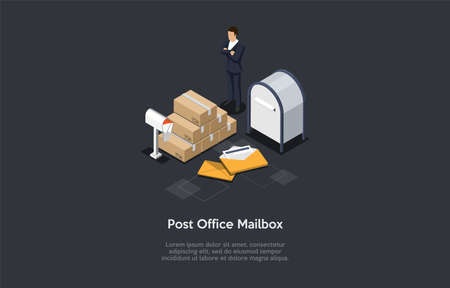 Post Office Mailbox Vector Illustration, Cartoon 3D Style. Isometric Vector Composition, Dark Background, Writing, Objects And Character. Letter Mails, Cardboard Boxes Parcels And Businessman Standingのイラスト素材