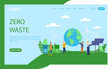 Webpage Template Vector Illustration In Flat Cartoon Style. Website Interface Composition Of Zero Waste Ecological Concept. Characters Keeping World Globe, Using Alternative Energy Sources, Recyclingのイラスト素材