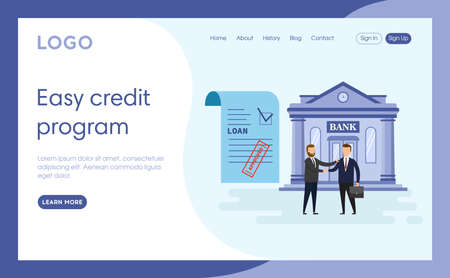 Easy Credit Program Concept Illustration In Cartoon Flat Style. Blue Background With Text. Internet Webpage Interface Layout. Two Business Characters In Suits Shaking Hands, Building, Approved Loanのイラスト素材