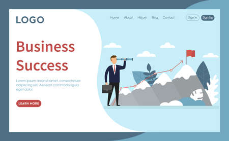 Conceptual Illustration Of Business Success Idea. Vector Composition In Flat Cartoon Style. Internet Website Layout With Writings And Buttons. Businessman In Suit Standing Near Mountains With Flag Aimのイラスト素材