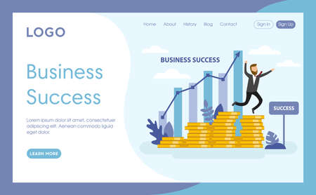 Vector Illustration. Cartoon Composition In Flat Style. Website Layout Design, Writings, Blue Background. Business Success Concept Art. Businessman In Office Suit Jumping On Golden Coins, Arrow, Chartのイラスト素材