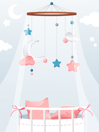 Vector Illustration In Flat Cartoon Style With Gradients And Elements. Cosy Colourful Composition On Light Background. Newborn Child Theme. Pink Bed Decorated With Hanging Pendants For Baby Girl Kidのイラスト素材