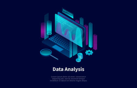 Data Analysis Conceptual Illustration In Cartoon 3D Style. Vector Composition In Neon Colours. Dark Background And Text. Computer With Credit Card, Magnifier And Charts. Infographics Elements Aroundのイラスト素材