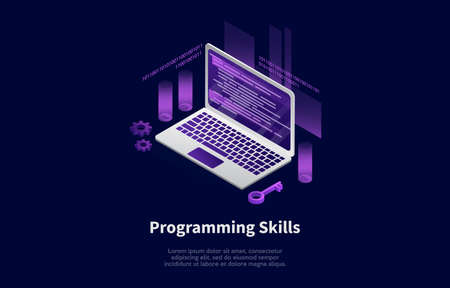 Vector Illustration On Dark Background With Writings And Infographics. Isometric Composition In Cartoon 3D Style. Programming Skills Concept. Modern Laptop With Code On Screen, Key And Cogwheels Nearのイラスト素材