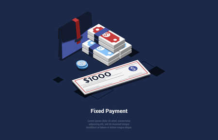 Vector Illustration In Cartoon 3D Style. Isometric Composition On Dark Background With Text And Objects. Fixed Payment Concept Design. Dollar Banknotes, Coins, Business Suitcase And Salary Chequeのイラスト素材
