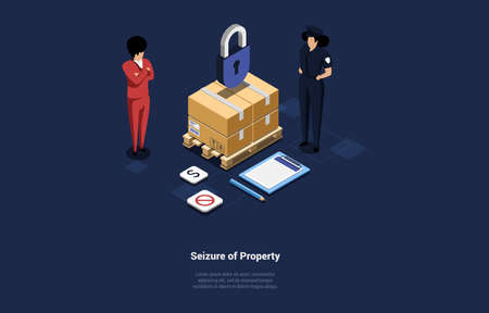 Seizure Of Property Conceptual Design In Cartoon 3D Style. Vector Illustration On Dark Background. Isometric Composition With Writings. Cardboard Parcel Under Lock Object. Two Characters Standing Nearのイラスト素材