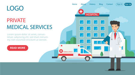 Vector Illustration In Flat Cartoon Style. Landing Web Page Layout Composition With Writings And Objects. Private Medical Services Idea Design. Doctor Character, Street And Hospital Background Behindのイラスト素材