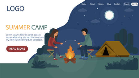 Website Landing Page Template Layout On Summer Camp Concept. Flat Cartoon Style Illustration With Text And Buttons. Two People Sitting Near Fire And Tent. Backpacking Travelling, Nature Landscapeのイラスト素材