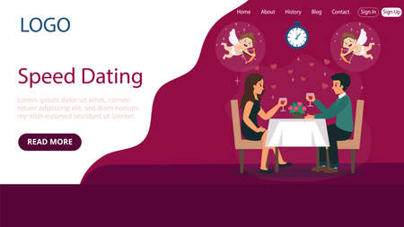 Website Landing Page Template Layout On Speed Dating Concept. Flat Cartoon Style Illustration With Text And Buttons. Two People Sitting At Table And Talking. Pink Background, Hearts And Cupids Aroundのイラスト素材
