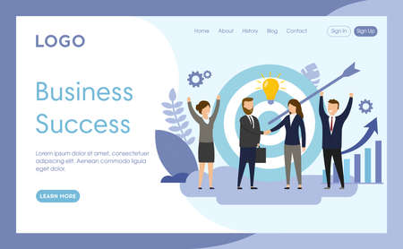 Website Page Template Layout Vector Illustration. Cartoon Flat Style Composition With Objects, Buttons And Writings. Business Success Concept. Group Of People Standing Before Darts And Arrow Element.のイラスト素材