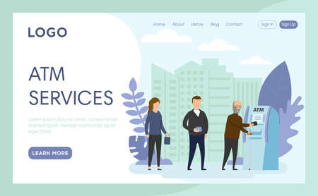 Vector Illustration In Cartoon Flat Style. Landing Page Interface Layout Composition With Characters And Elements. ATM Services Concept Art. Group Of People Standing In Queue, Cityscape Backgroundのイラスト素材