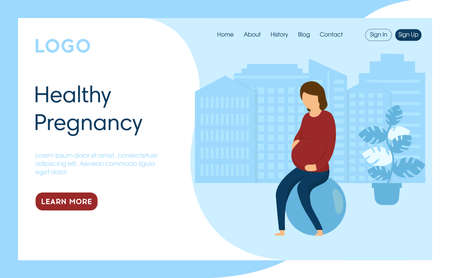 Healthy Pregnancy Concept Illustration. Vector Composition, Flat Cartoon Style Art. Webpage Landing Interface Template With Writings And Design Elements. Woman Sitting On Fitness Ball, Blue Backgroundのイラスト素材