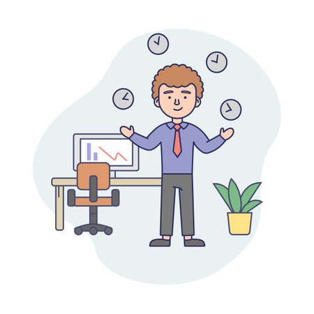 Business Life Concept Illustration In Cartoon Style. Vector Composition With Male Character And Elements. Linear Art With Outline. Time Management And Work Success Idea. Man, Office Suit, Clock Aroundのイラスト素材