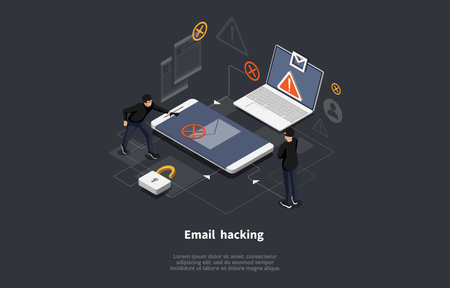 Email Hacking Conceptual Art On Dark Background. Vector Illustration In Cartoon 3D Style, Isometric Design. Hackers Team Stealing Information. Laptop And Smartphone Devices Near. Infographic Objectsのイラスト素材