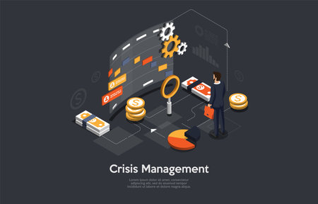Crisis Managemet Conceptual Art On Dark Background. Vector Illustration In Cartoon 3D Style, Isometric Design. Businessperson Standing Near Infographic Elements. Coins, Charts, Diagrams, Cogwheelのイラスト素材