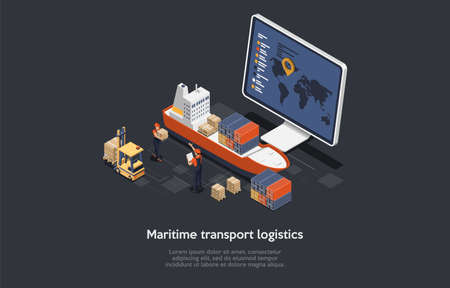 Composition On Dark Background. 3D Isometric Vector Design, Cartoon Style. Maritime Transport Logistics Shipping Concept. Computer Screen With World Map, Ship And Cargo Parcels, Two People Working.のイラスト素材