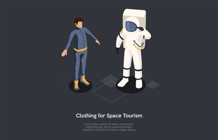 Isometric Illustration. Vector Cartoon Style Composition, 3D Design. Characters, Writing And Elements On Dark Background. Space Tourism Clothing, People In Cosmic Travel Protective Suits, Infographic.のイラスト素材