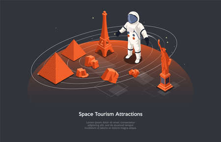 Isometric Vector Illustration In Cartoon 3D Style. Composition On Dark Background With Infographics. Space Tourism Attractions Concept. Cosmic Travelling. Astronaut In Suit Standing On Planet Surfaceのイラスト素材