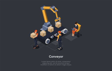 Vector Illustration In Cartoon 3D Style. Isometric Composition With Characters And Objects. Warehouse Or Factory Conveyor Concept. Store Goods Production Process. Robotic Mechanism, Cardboard Boxes.のイラスト素材