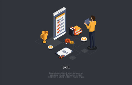 Illustration On Dark Background With Writing And Characters. 3D Cartoon Style Composition, Isometric Vector Design. Professional Skill, Course Certificate. Special Knowledge For Education And Workのイラスト素材