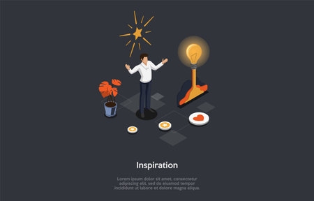 Vector Illustration On Dark Background. Isometric Composition On Inspiration Concept. Cartoon 3D Style. New Ideas, Male Businessperson Character Having Insight Notion, Infographic Elements Aroundのイラスト素材