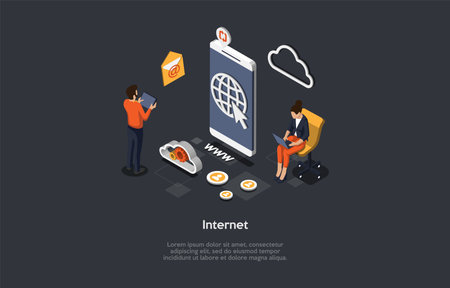 Vector Illustration On Dark Background. Isometric Composition On Internet Concept. Cartoon 3D Style. Online Websites, Programs And Applications, Active Users, Modern Technologies Sources And Benefitsのイラスト素材