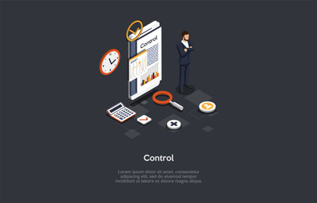 Composition With Character And Text. Isometric Vector Illustration, Cartoon 3D Style. Control Concept. Businessperson Standing Near Smart Phone With Graphs, Charts On Screen, Infographic Elementsのイラスト素材