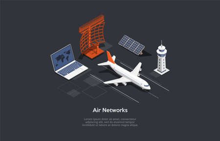 Air Networks Concept Design. Cartoon 3D Style, Isometric Vector Illustration With Text. Aircraft Elements On Dark Background. Airplane, Laptop With World Map On Screen, Solar Battery, Infographicsのイラスト素材