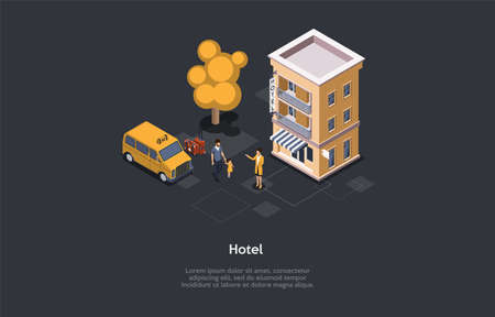 Hotel Service Concept Design. Isometric Composition, Cartoon 3D Style. Vector Illustration With Characters. Building, Taxi Automobile, Trees. Man With Child Walking To Female Worker. Travelling Ideasのイラスト素材