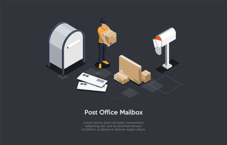 Isometric Composition, Vector Design. 3D Cartoon Style Illustration With Writing On Post Office Mailbox Concept. Posting Service. Female Staff Worker In Uniform With Cardboard Box, Envelopes, Letters.のイラスト素材