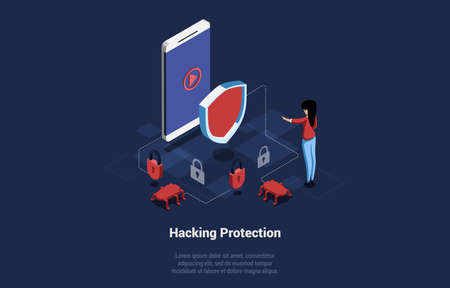Isometric Vector Illustration With Writing. Conceptual Composition In Cartoon 3D Style. Hacking...