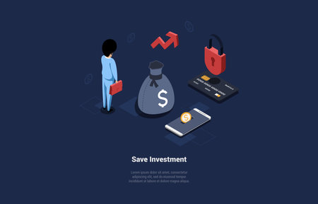 Save Investment Concept Illustration In Cartoon 3D Style. Isometric Vector Composition OnDark Background With Character. Business Funding, Financial Deals. Safety And Clarity Of Marketing Systemsのイラスト素材