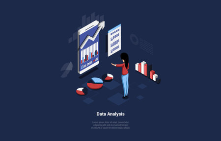 Isometric Vector Illustration On Dark Blue Background With Text, Concept Illustration In Cartoon 3D Style With Text, Character And Objects. Data Analysis, Business Marketing Successful Strategy Planのイラスト素材